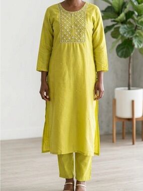 Chartreuse Silk Kurta Set XL India Lime Green Embroidered Tunic & Matching Pants